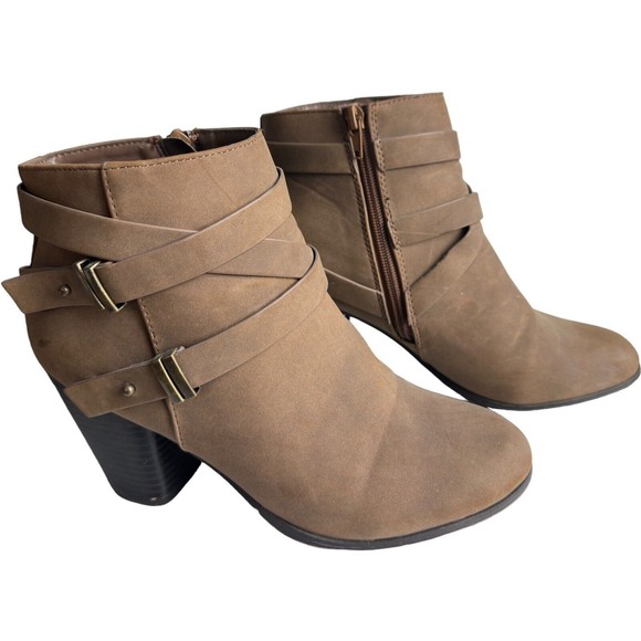 Suede Brown Heeled Strappy Buckle Zippered Womens 8 Ankle Boots Booties - Picture 11 of 14